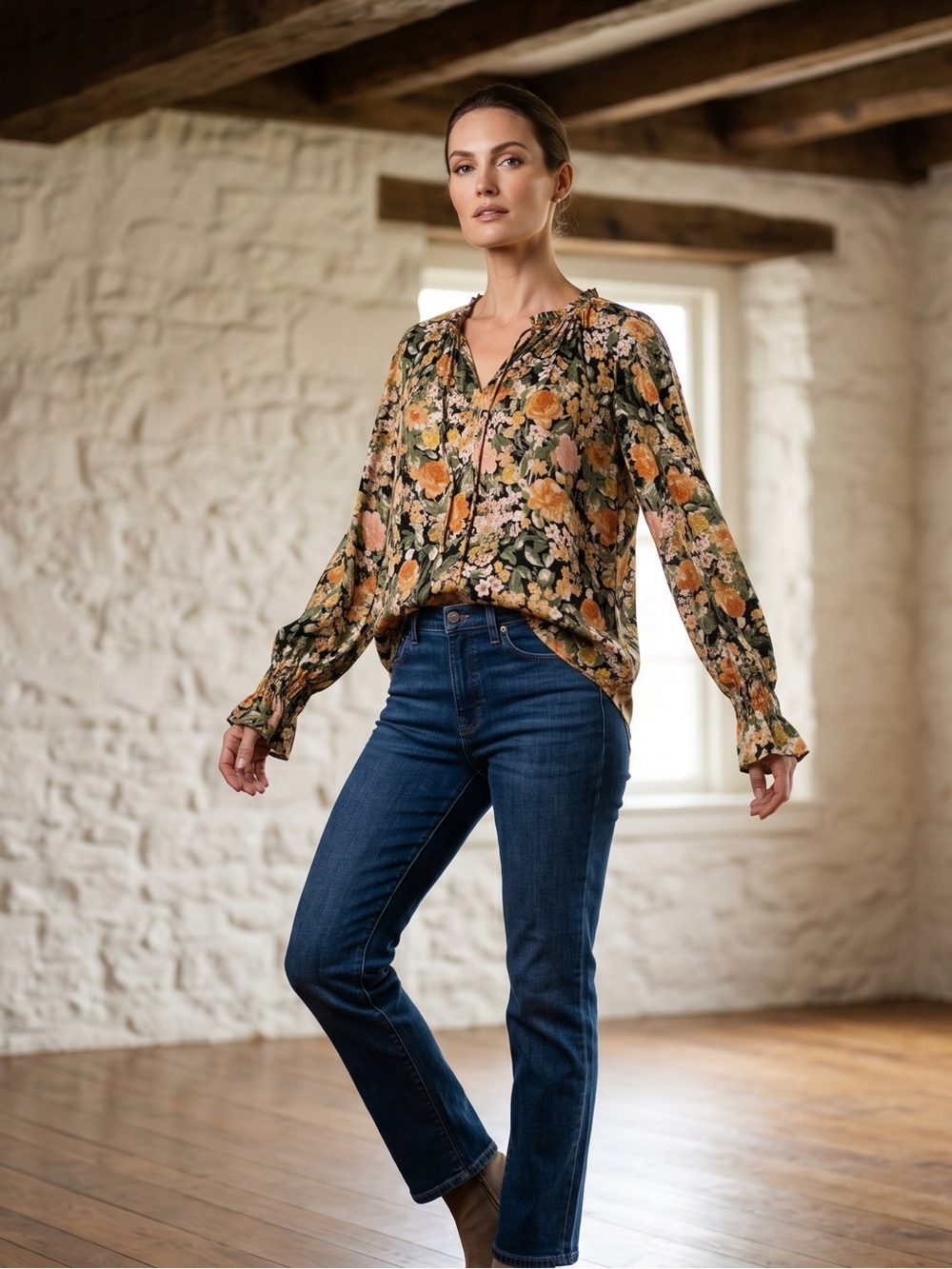 7th Ray Floral Blouse - Black, Orange, Yellow, Green